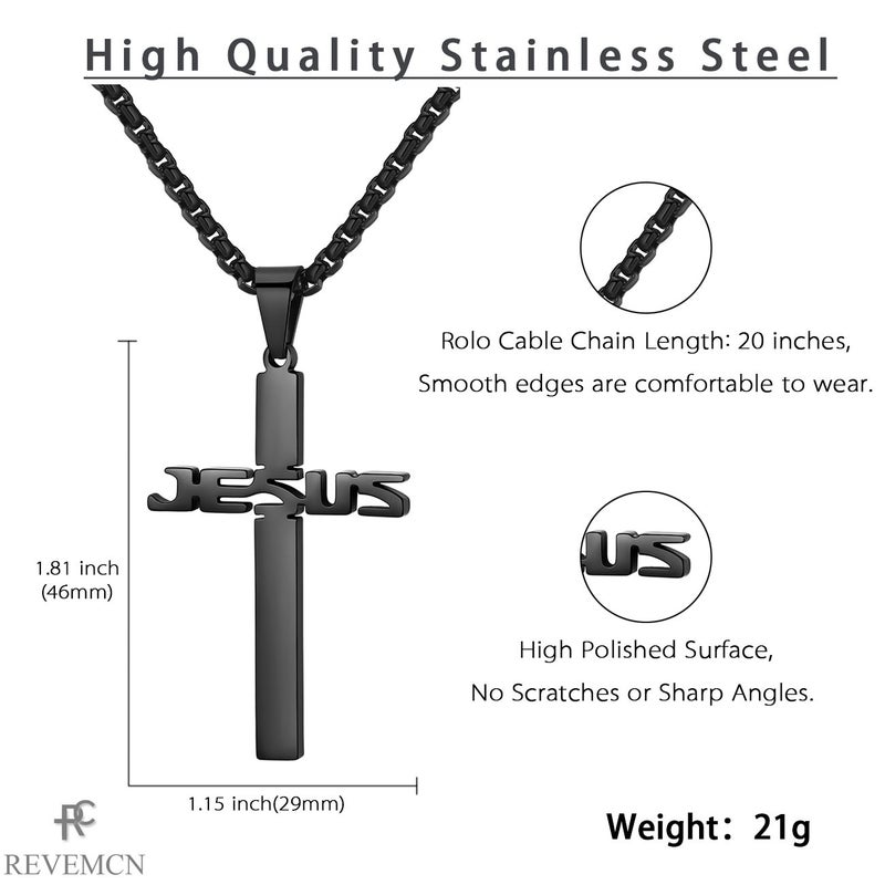 REVEMCN Stainless Steel Jesus Cross Pendant Necklace for Men Women 20-24 Inches Rolo Chain Christian Gifts for Men Faith - Image 5